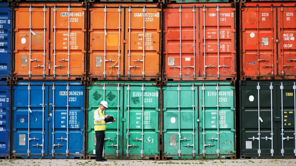 Inspector checking shipping containers at a port